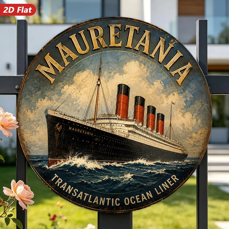 2D Flat, 1pc Vintage Ocean Liner Round Metal Sign Wall Art, Home Decor, Perfect for Bedroom Studio, Majestic Steamship at Sea