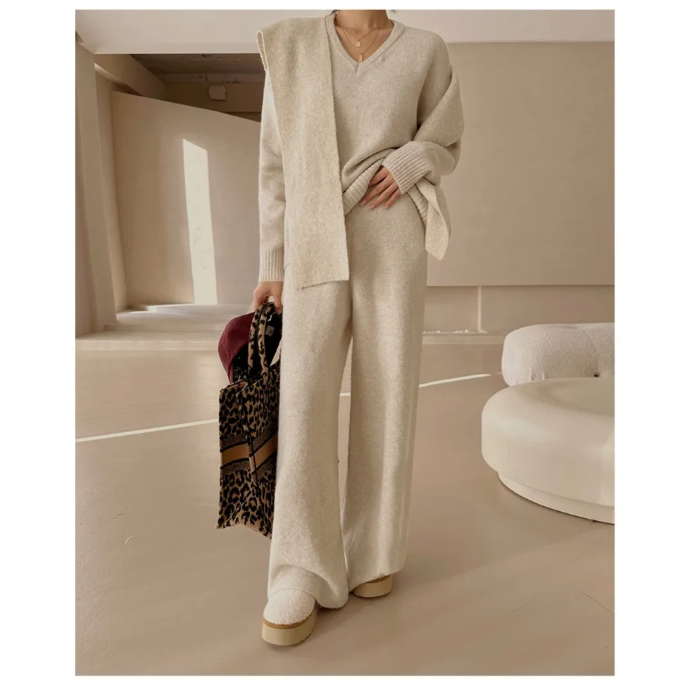 Korean Style Lazy Fashion Knitted Three-Piece Set Women's Shawl Sweater Wide Leg Pants Casual Autumn Winter New Arrival