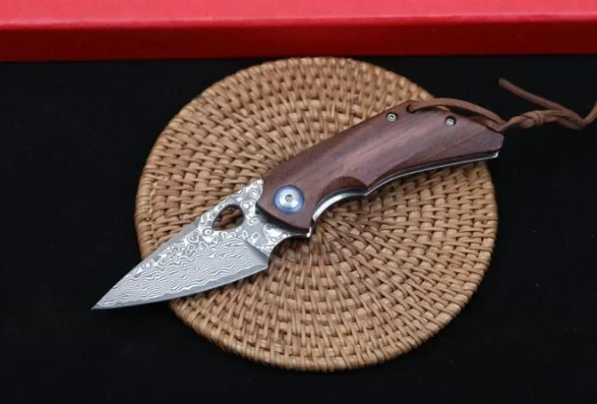 Olecranon Small Pocket Folding Knife Damascus Blade Rosewood Handle Tactical Rescue Hunting Camping EDC Survival Tool Knives