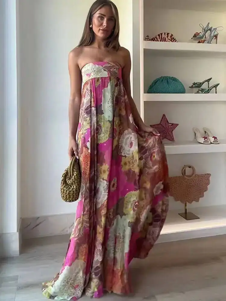 Eleganckie, plisowane sukienki bez ramiączek z nadrukiem, damskie, nowe, bez rękawów, z odkrytymi ramionami, długie sukienki maxi, letnie, eleganckie sukienki na bal, imprezę, damskie vestidos.