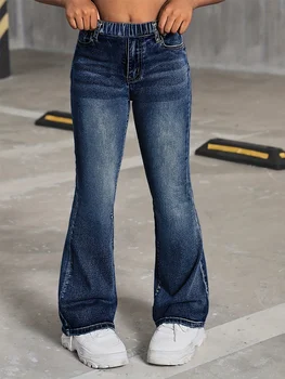 Girls Wide-Leg School Jeans 5 Girls' School-Style Fashion Wide-Leg Jeans, Elastic Waist and Comfortable Fabric, Suitable for All Seasons to Wear. 5