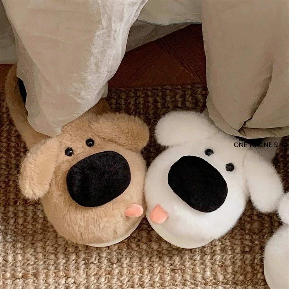 

Cute Creative Big Nose Puppy Slippers Thick Sole Soft Plush Dog Shape Slippers Non-Slip Cartoon Winter Home Slippers Wholesale