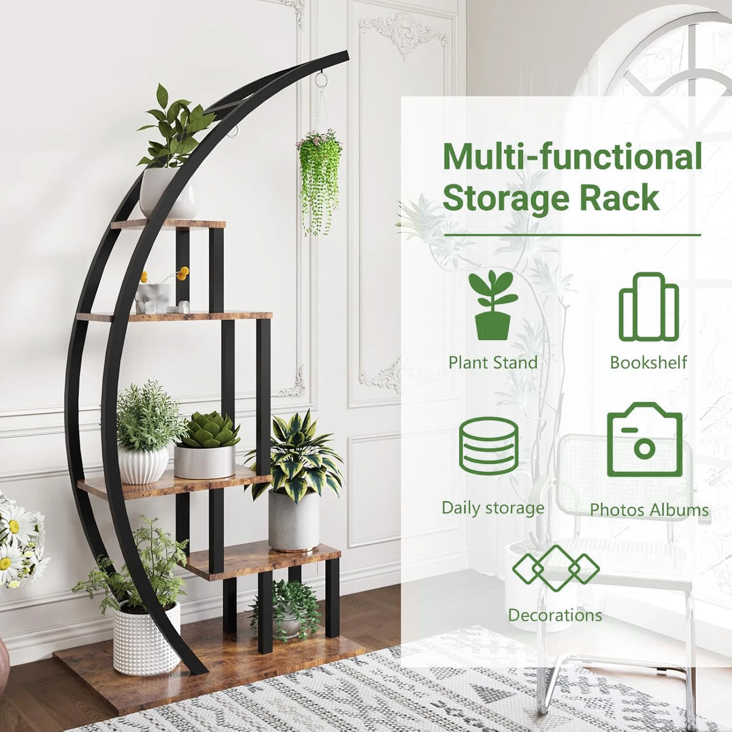 Half‑Moon Plant Stand Indoor, 5‑Tier 56 Inch Tall Curved Large Plant Shelf with Hanging Hooks, Metal Wood Plant Display Rack for Living Room Patio Balcony image 5
