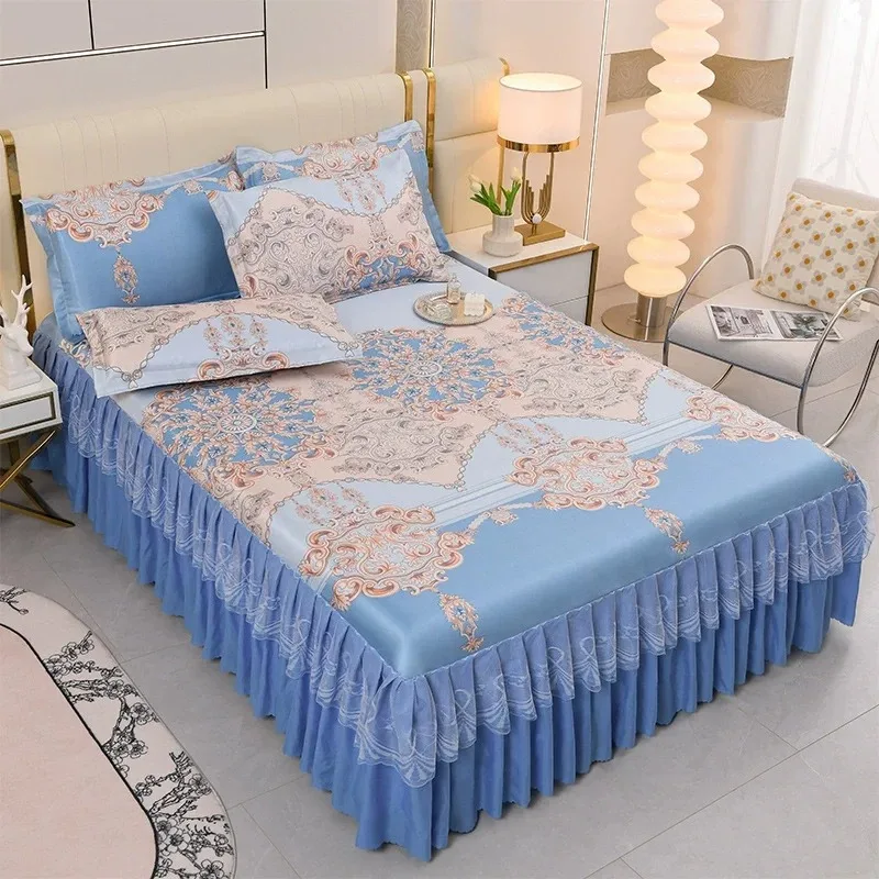 

3 Pcs Bedding Classic Lace Royal Blue Bedspread Bed Skirt Machine Washable with Elastic Band for Queen King Size Sheets Bed