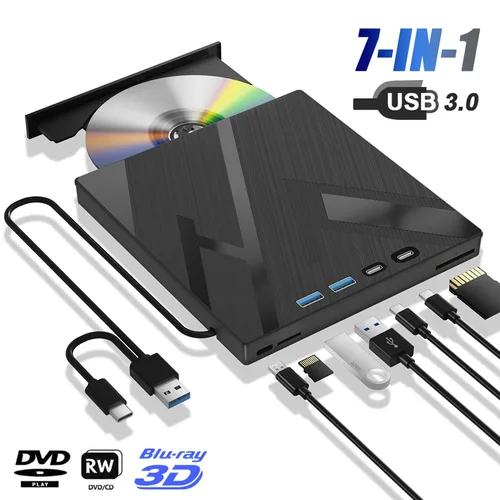 Unidad óptica Bluray externa 7 en 1 para ordenador portátil USB 3,0 tipo C BD DVD reproductor de CD-RW grabadora portátil con ranura para tarjeta SD/TF