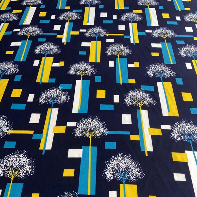 114CM Wide 16mm Blue and Yellow Geometry Printed Thin Black Silk Crepe de Chine Fabric for DIY Sewing Dress Pajamas C001-60