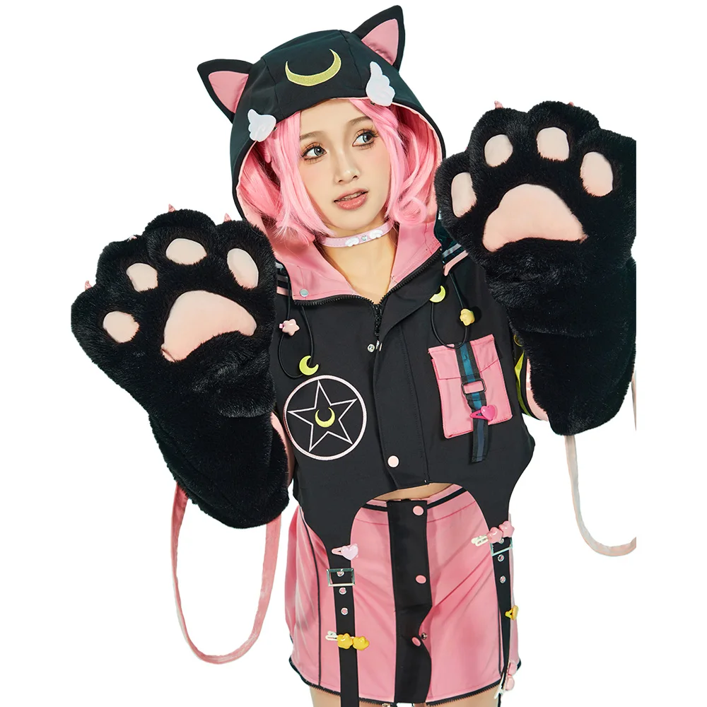 Miccostumes Women's Pullover Hoodie and Pleated Skirt Set Sailor Style Jacket with Detachable Furry Cat Paw Gloves