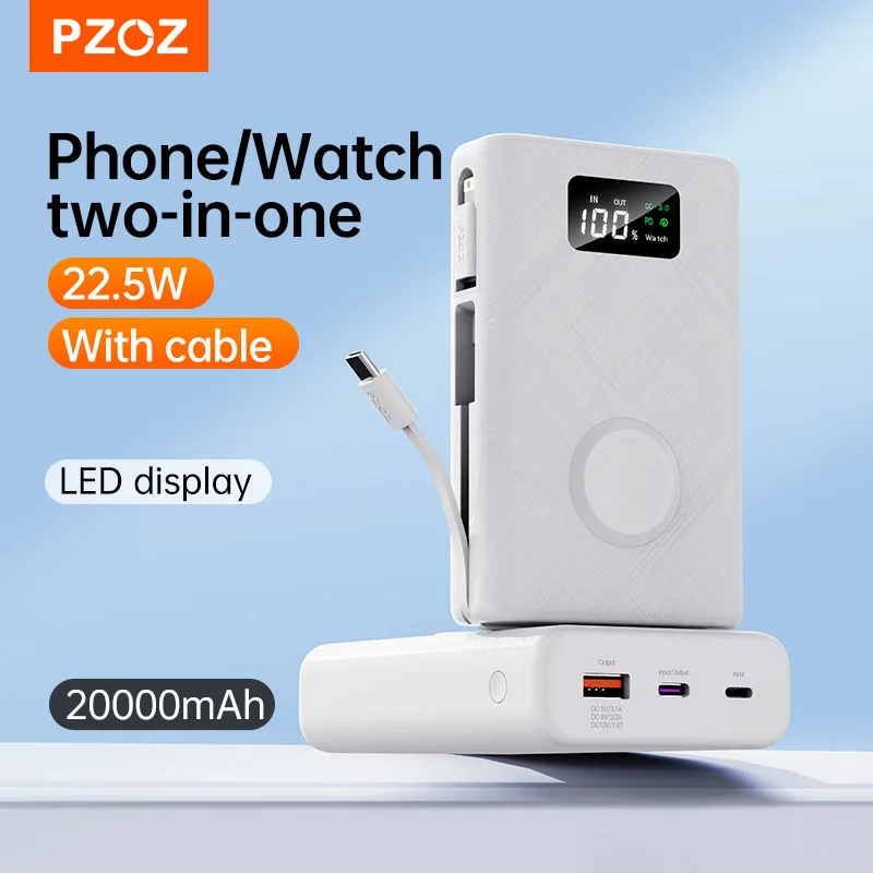PZOZ 22.5W Power Bank 20000mAh Portable Type C QC PD Fast Charging Powerbank External Battery For iPhone iWatch Wireless Charger
