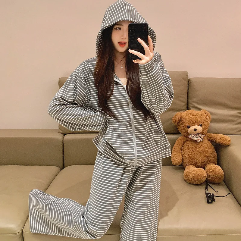 

Pjs Set Women's Pajama Set Women's Warm Winter Pajamas Fashionable Home Clothes, Pajamas Cute and Soft Pajama Set Striped Hooded