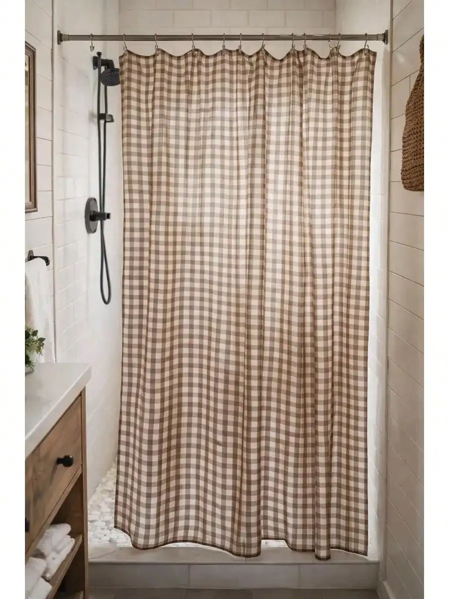 1pc Brown Gingham Shower Curtain, Neutral Farmhouse Bathroom Decor, Country Cottage Style, Soft Polyester Fabric, Machine Washable, Bathroom Decor And Accessories, Gifts For Christmas, Halloween, Birthdays, Housewarming