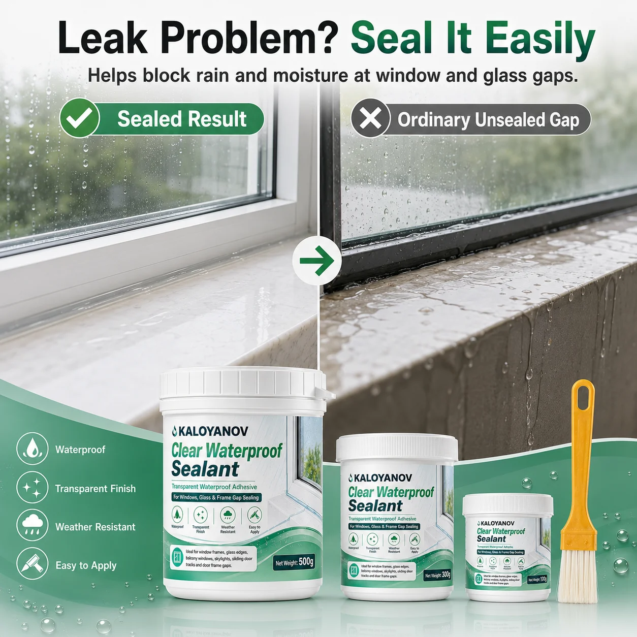 1000g Clear Waterproof Sealant with Brush for Windows, Glass & Door Frames,Weatherproof Flexible Gap Repair for Balcony Skylight