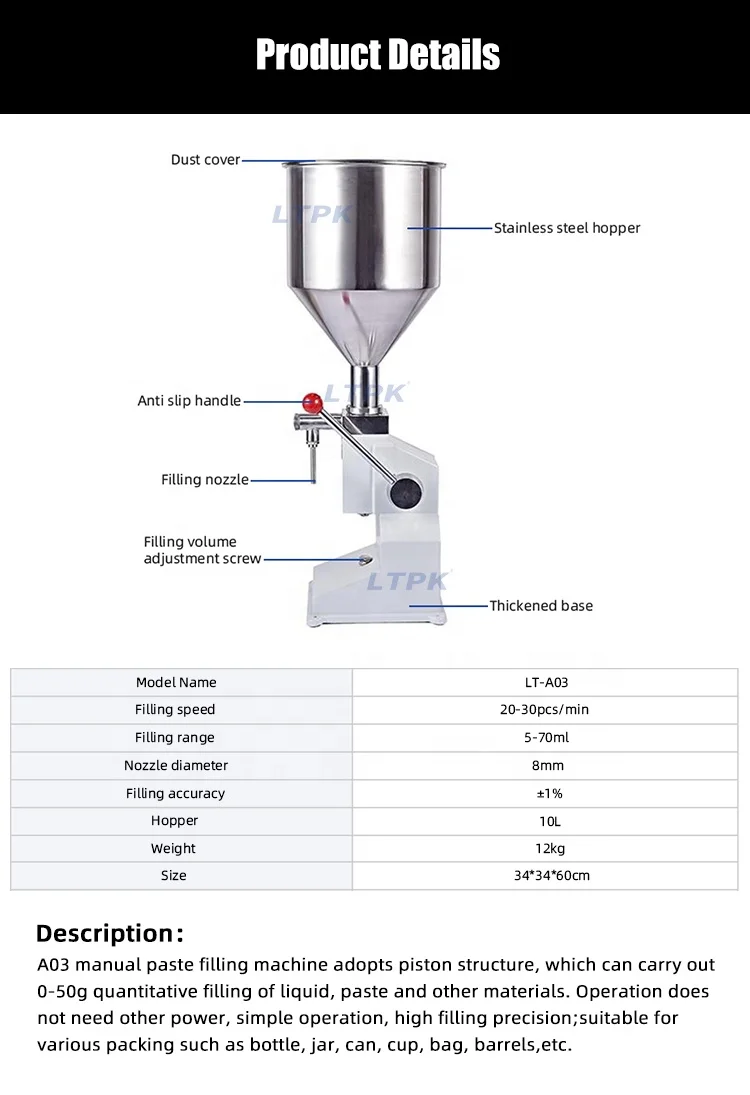 A03 Pneumatic 5-50ml Filler Machine Honey Jar Paste Sauce Shampoo Lotion Cream Bottle Filling Machine