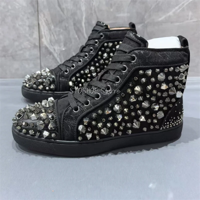 

Silver Rivets High Top Casual Shoes for Men and Women Black Lace Up Sneakers Sports Shoes Handmade Quality Brand Design Size 47