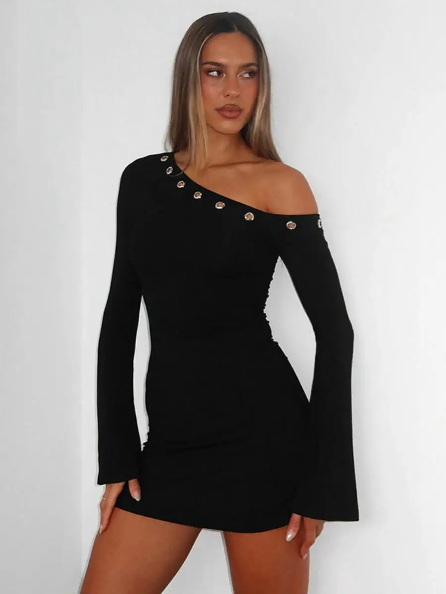 Oulder Bared Long Sve Hollow out Collar inclinado Dr para mujer Otoño Invierno Color puro A-Line Midi Dr pieza única