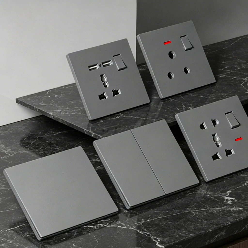 Matte Grey Big Panel Rocker Light Switch Wall Mounted Ultra Slim Flame Retardant Easy Clean Modern Minimalist Home Decor