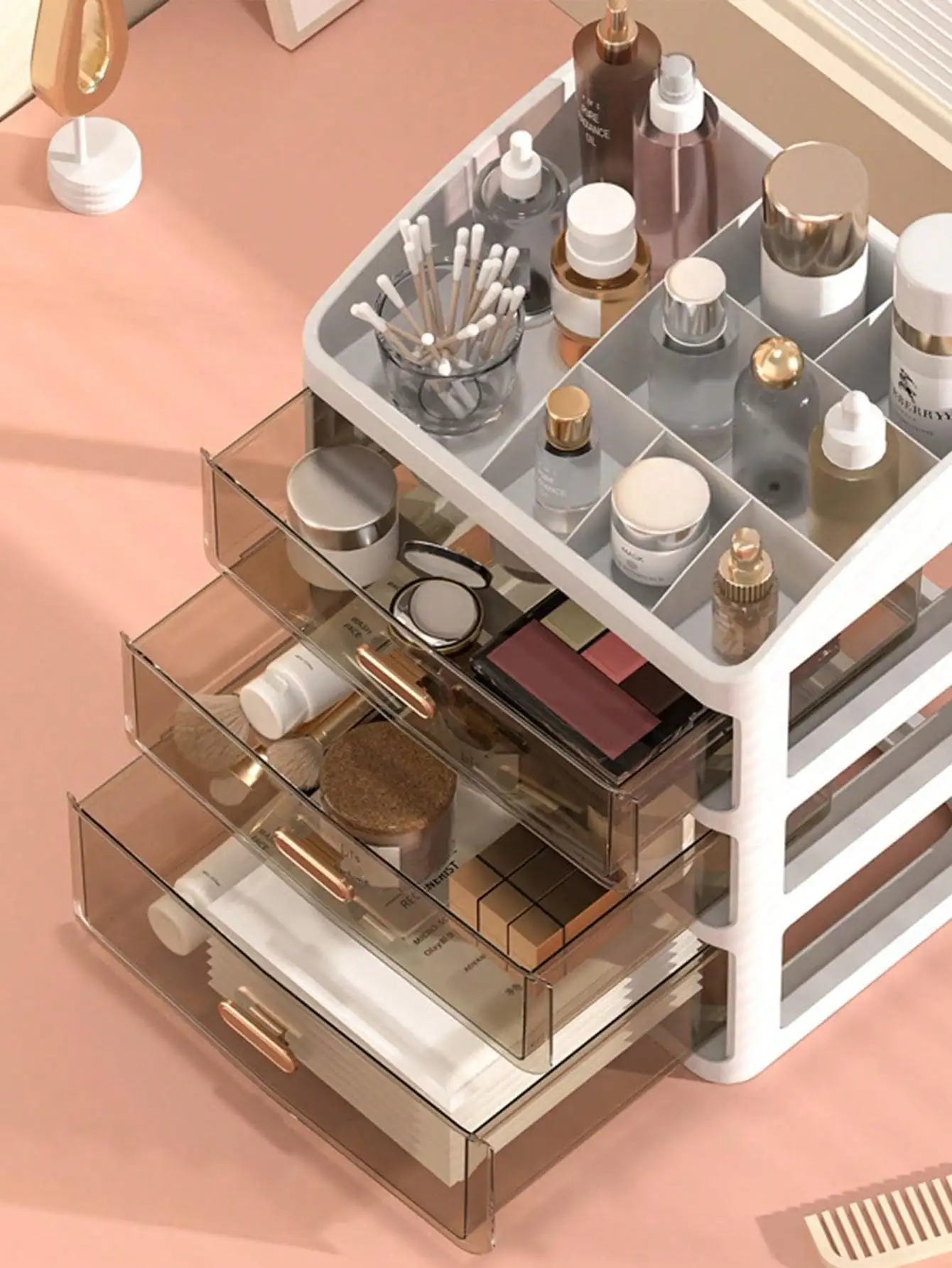 1pc Desktop Cosmetic Organizer Drawer Type Dust-Proof Storage Box For Skincare, Face Mask And Brushes. Can Be Used In Bathroom, Living Room, Bedroom And Office To Store Remote Controls, Toothpicks, Chargers, Mobile Phone Cases And Save Space.