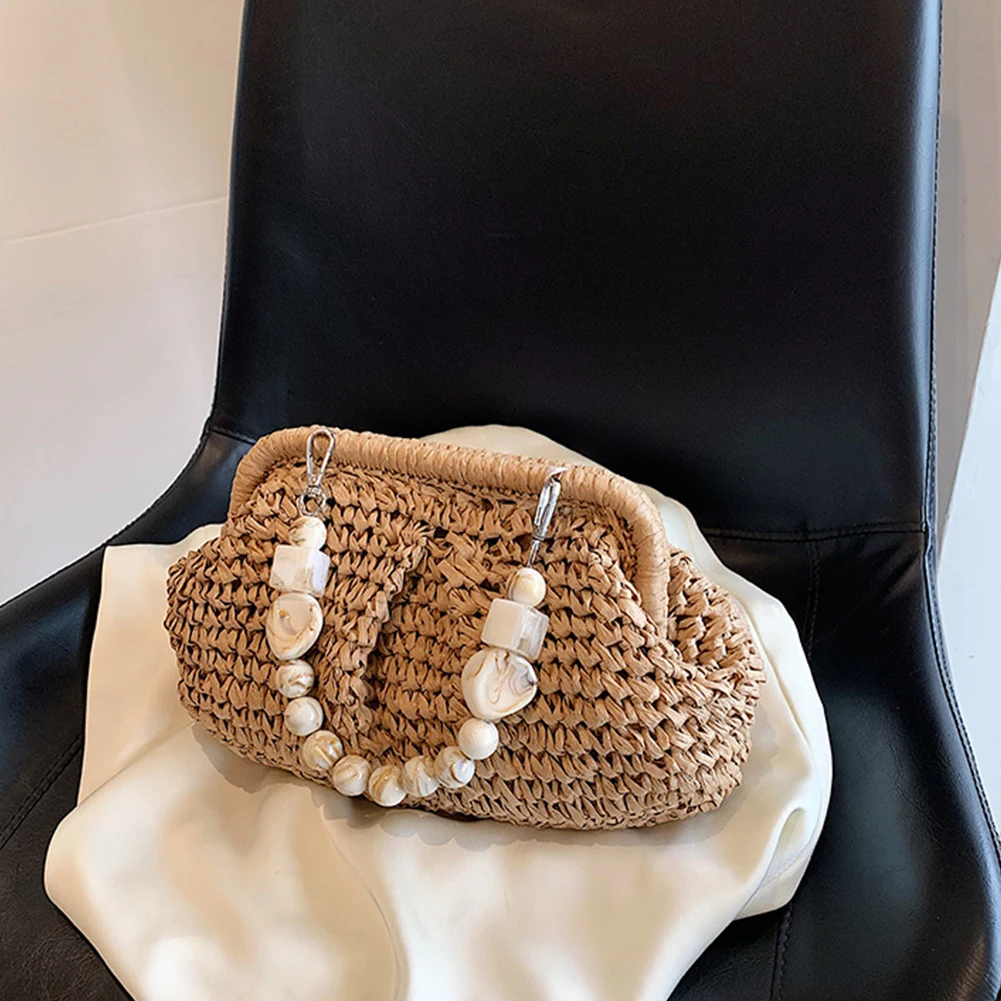 Women Straw Crossbody Bag Clutch Purse Weaving Shoulder Bag Versatile Small Beading Handbag Rattan Boho Summer Beach Woven Bag