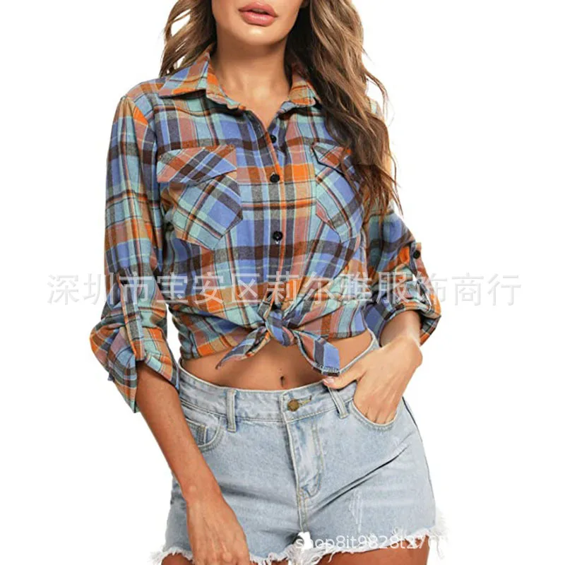 Women's Plaid Shirt Long Sleeve Pink Button Lapel Versatile Black Casual Tops Street College Style Fashion Blouses