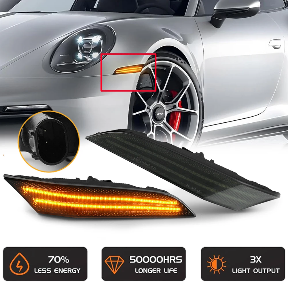 

Smoked Front Fender LED Side Marker Light Canbus Free Error For Porsche 911 992 all models 2019-up Auto Stop Warning Reflector