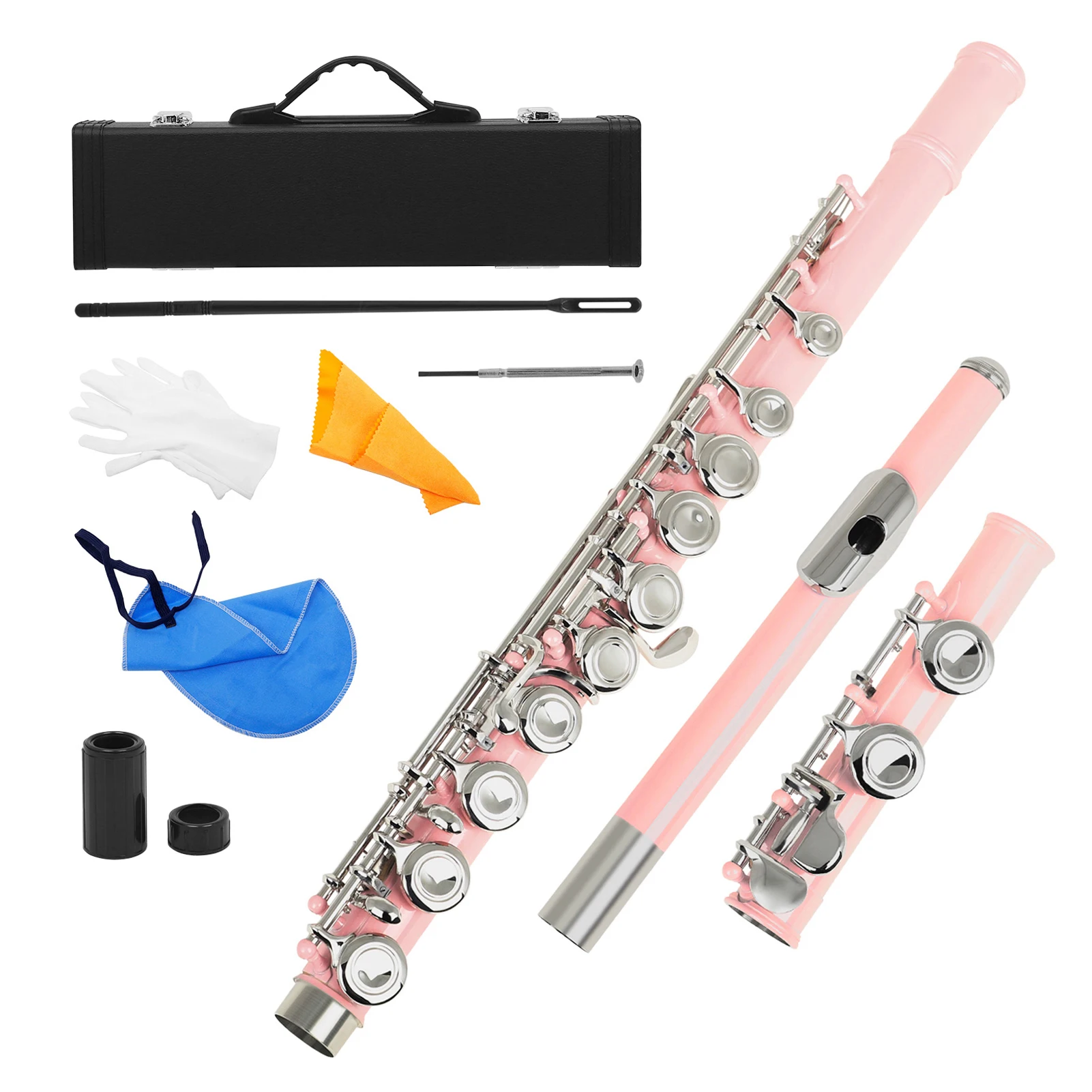 Flute Cupronickel Nickel Plated 16 Holes C Key Woodwind Instrument with Cleaning Cloth Stick Gloves Mini Screwdriver Padded Case