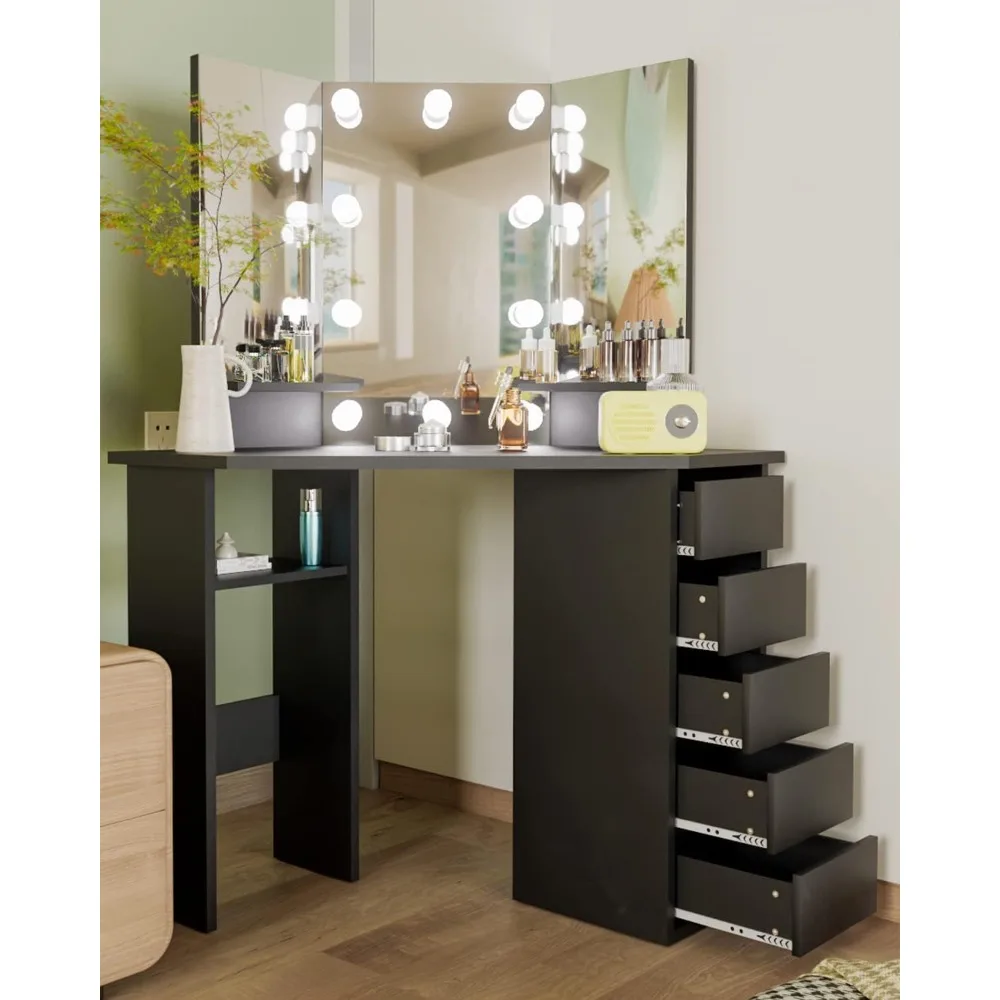 

Corner Makeup Vanity Desk with Mirror and Lights, Bedroom Vanity Table with Lighted Mirror 5 Drawers and Storage Shelf f