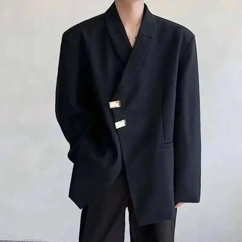 Metal Button Design Men's Blazers Shawl Collar Oblique Placket Design Casual Clothing Solid Color Male Suit Jackets 9F670