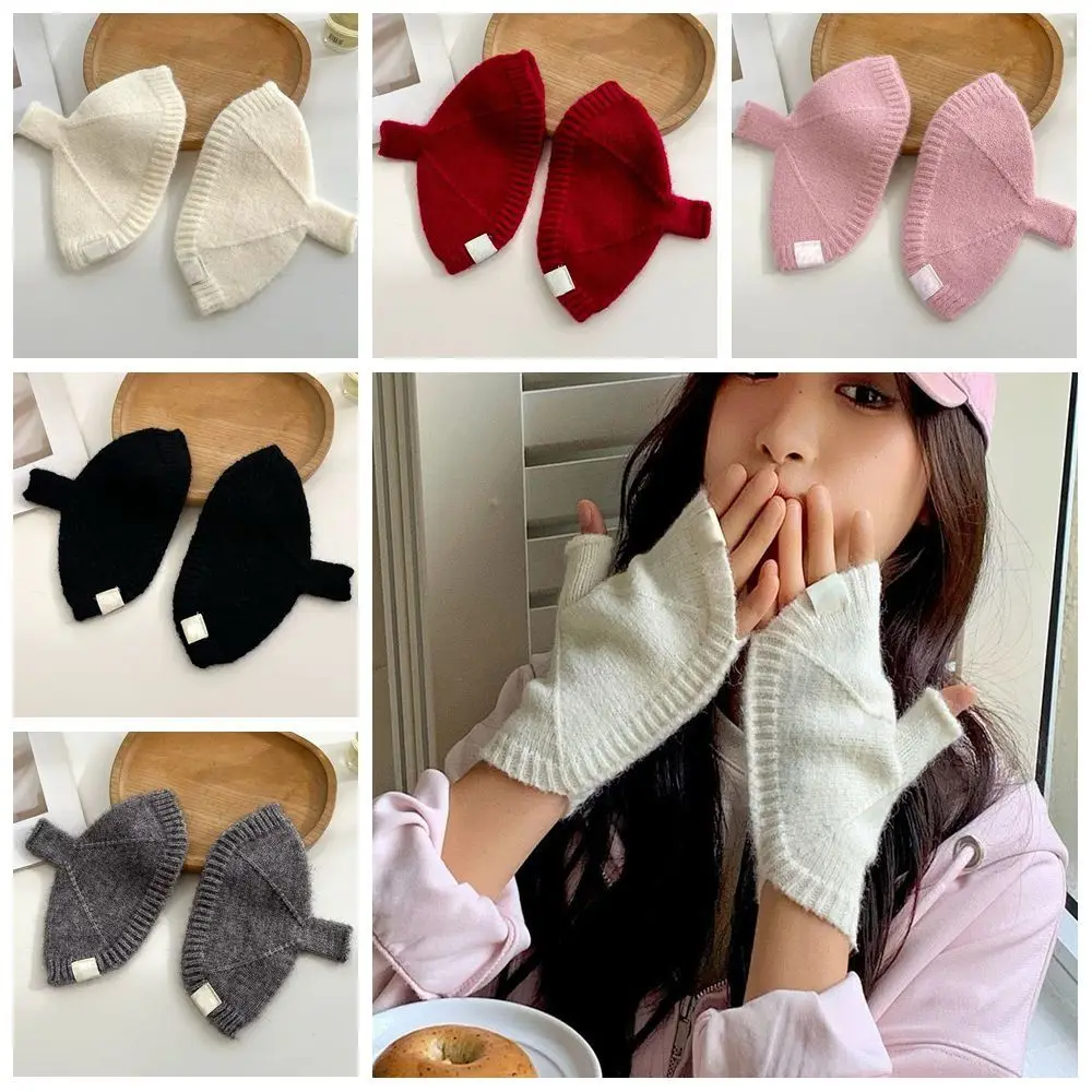 New Solid Color Half Finger Knitted Gloves Warm Thicken Half Gloves Fingerless Gloves Outdoor