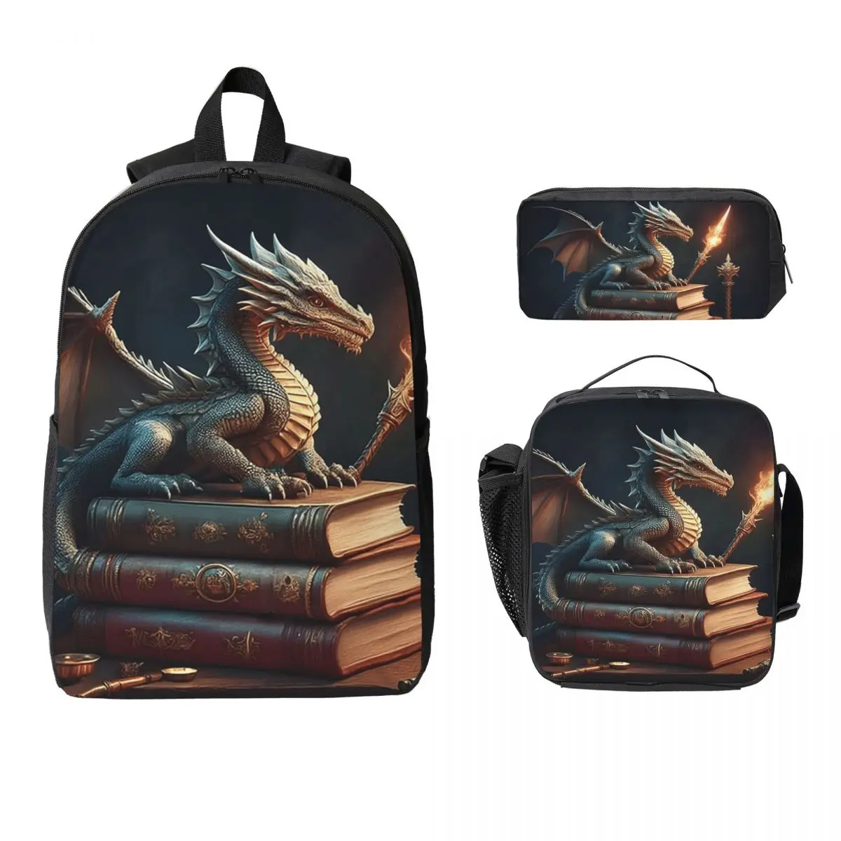 Dragon On Books Vintage Backpack Boys Girls BookBag School Bag Computer Shoulder Bags 3ps Insulated Lunch Bag Pencil Case
