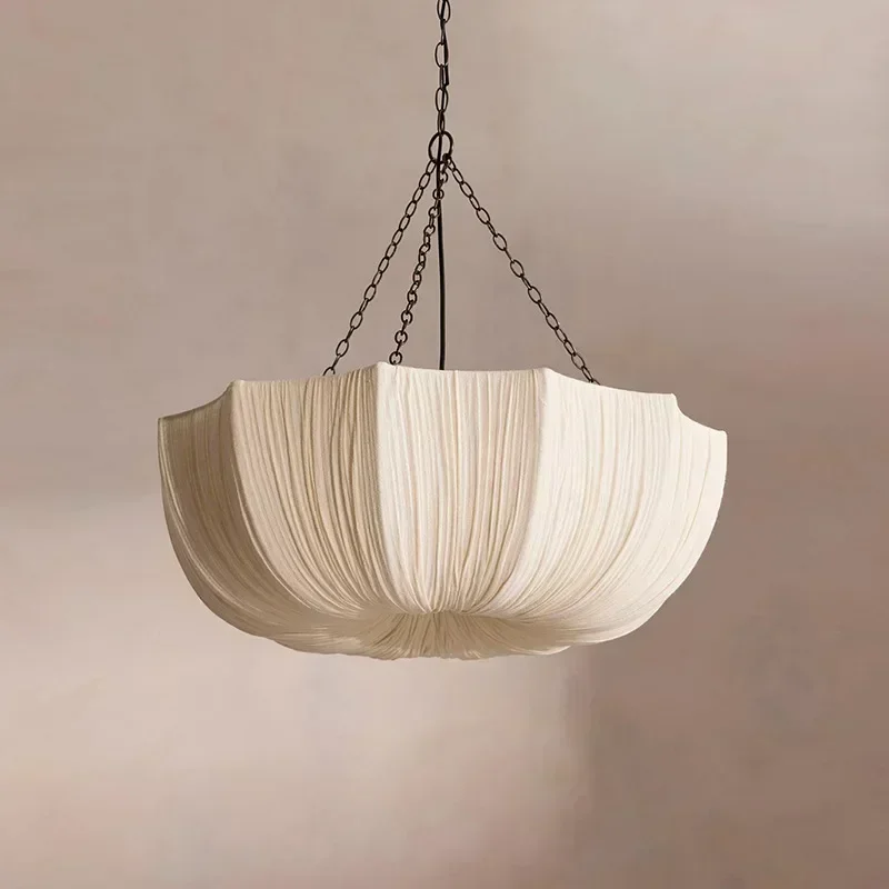 REVEN Vintage Pleated Fabric Pendant Light Dimmable Beige Linen Lampshade Chandelier Dining Room Hanging Lamp
