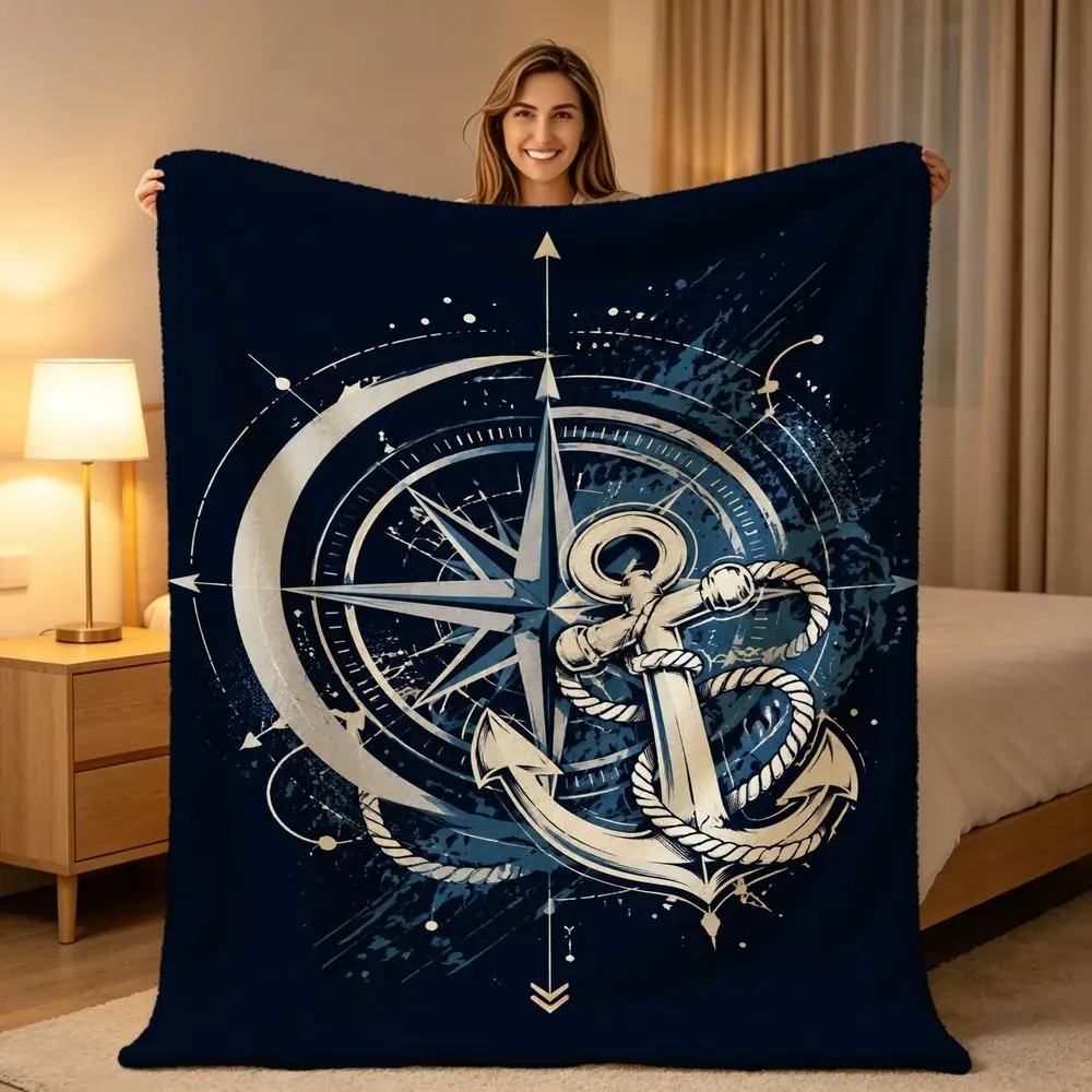 Vintage Nautical Compass Anchor Blanket Throw 150x200cm Large Ocean Sailor Home Decor Gift Cozy