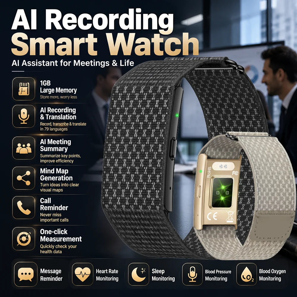 New Audio Recording Smart Wristband No Screen Smartwatch HeartRate Blood Pressure Health One Key Monitoring Sport Smart Bracelet