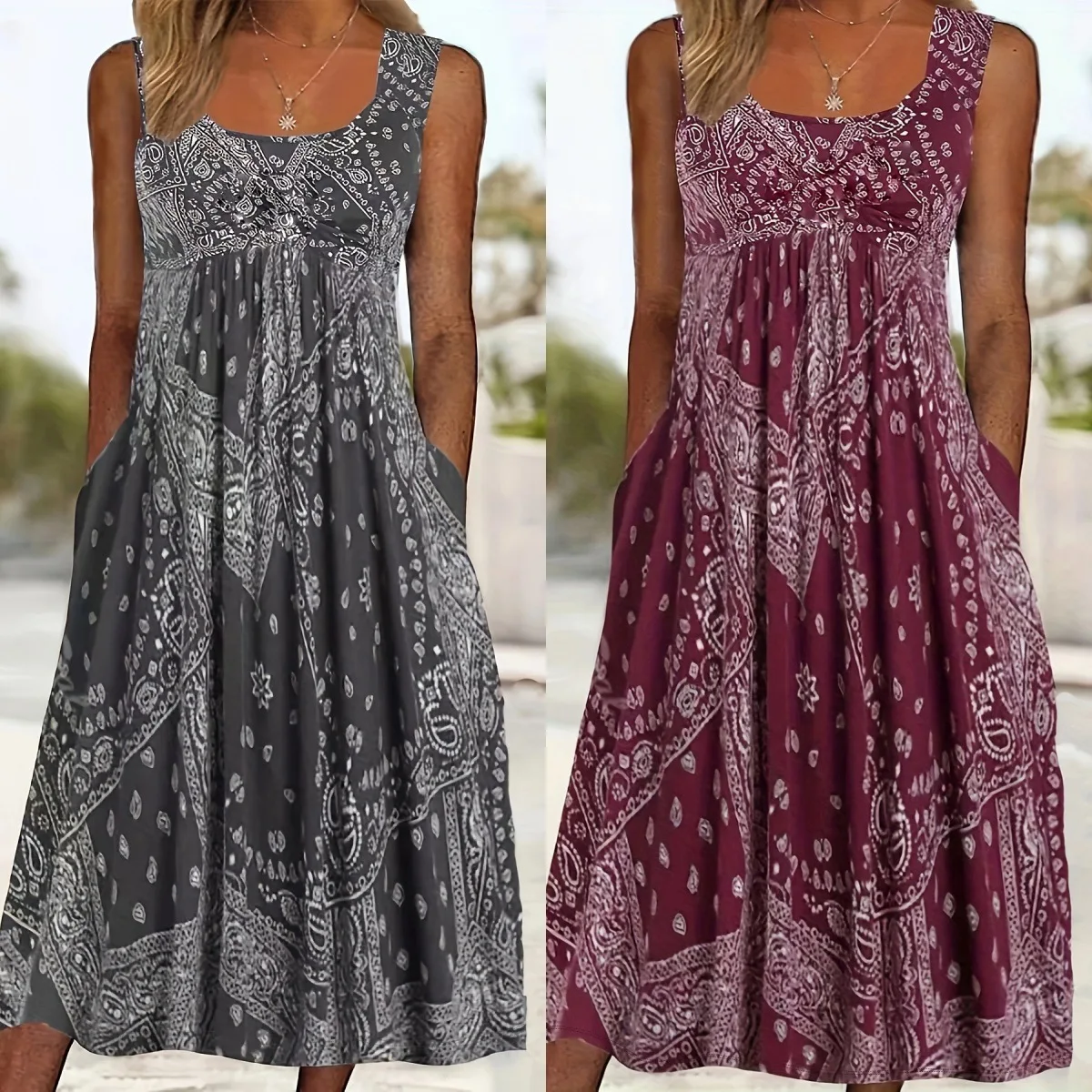 

Printed Dress Women Spring Summer Vintage Sleeveless Tank Dresses Boho Floral Maxi Sundress Casual Beach Vacation Outfit Clothes