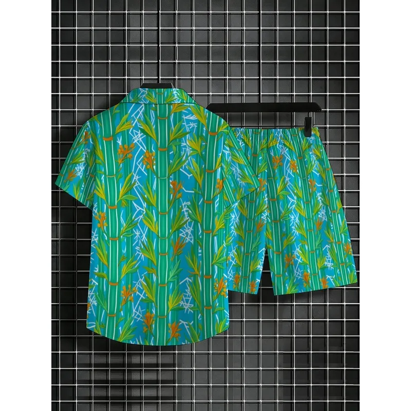 Men's Tropical Leaf Print Shirt Short Set Polyester Beachwear Vacation Casual Holiday Outfit Bright Green Comfortable Breathable view 4