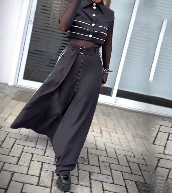 

Женский свободный костюм из двух предметов, удобный стильный костюм из топа без рукавов и юбки в стиле пэчворк с лацканами, комплект из двух предметов с поясом, весна-лето 2024