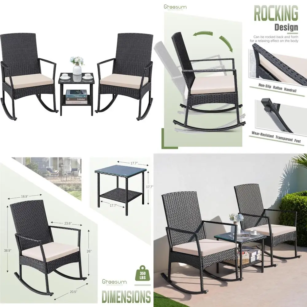 

3-Piece Outdoor Wicker Rocking Chair Set with Glass Top Coffee Table for Garden, Backyard, and Poolside