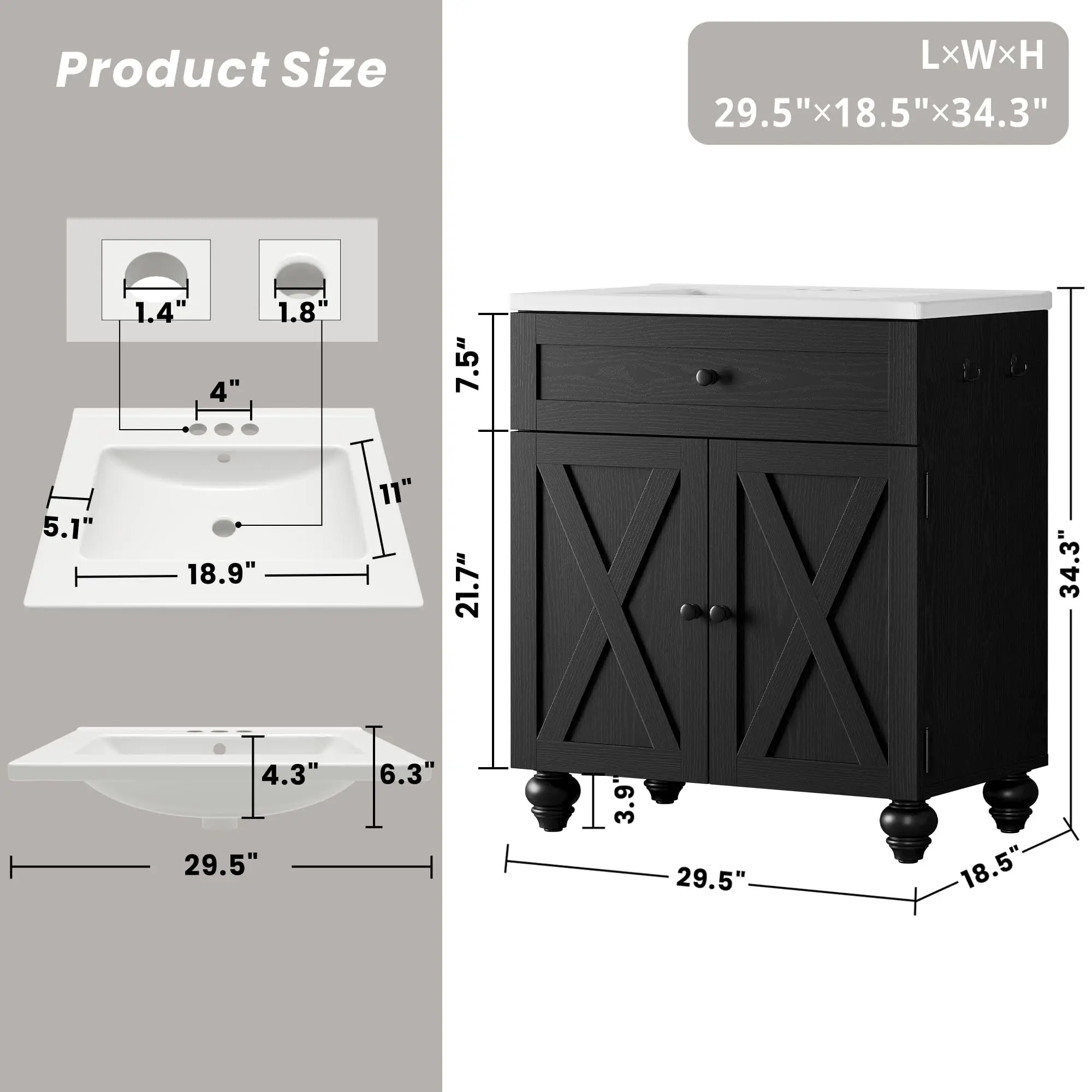 30 Inch Bathroom Vanity with Sink Easy-to-Install 30