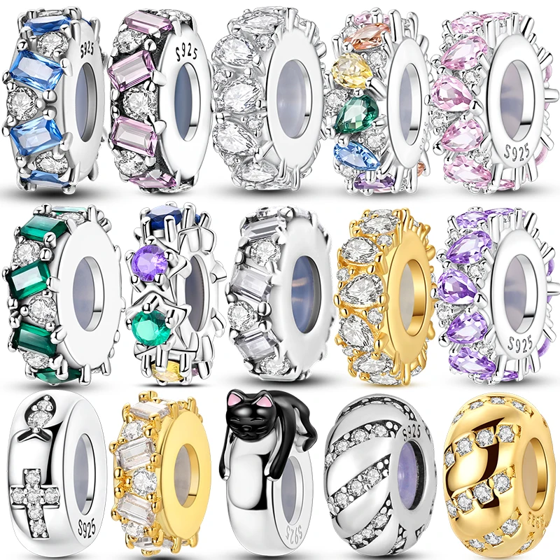 925 Sterling Silver Spacer Beads Multi Color CZ Large Hole Stopper Beads Fit Snake Bracelet Luxury DIY Jewelry Gift Women Girls
