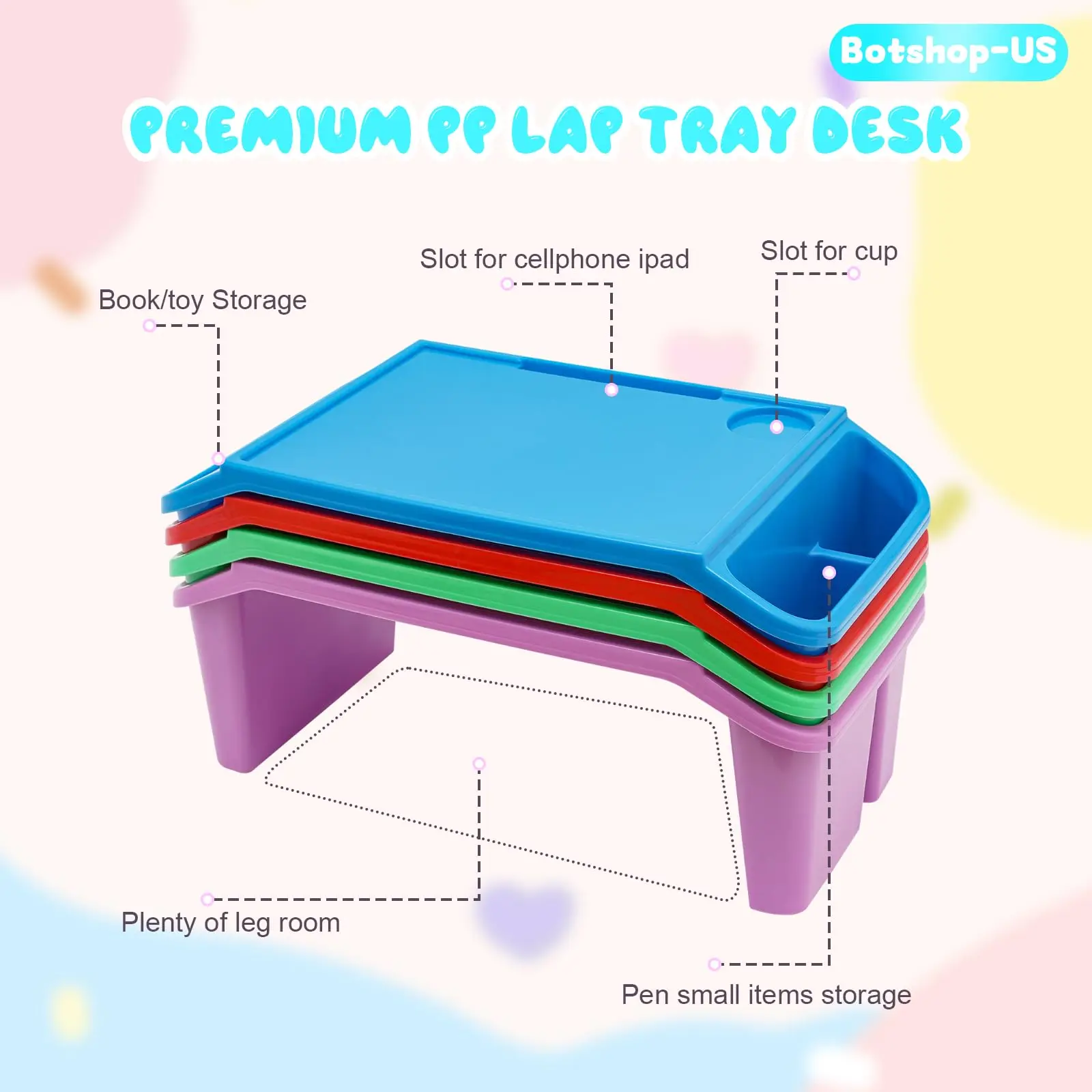 4Pcs Lap Desk Tray Plastic Breakfast Laptop Trays with Side Storage Pockets for Eating Writing Portable Snacks Lap Bed Table Ac