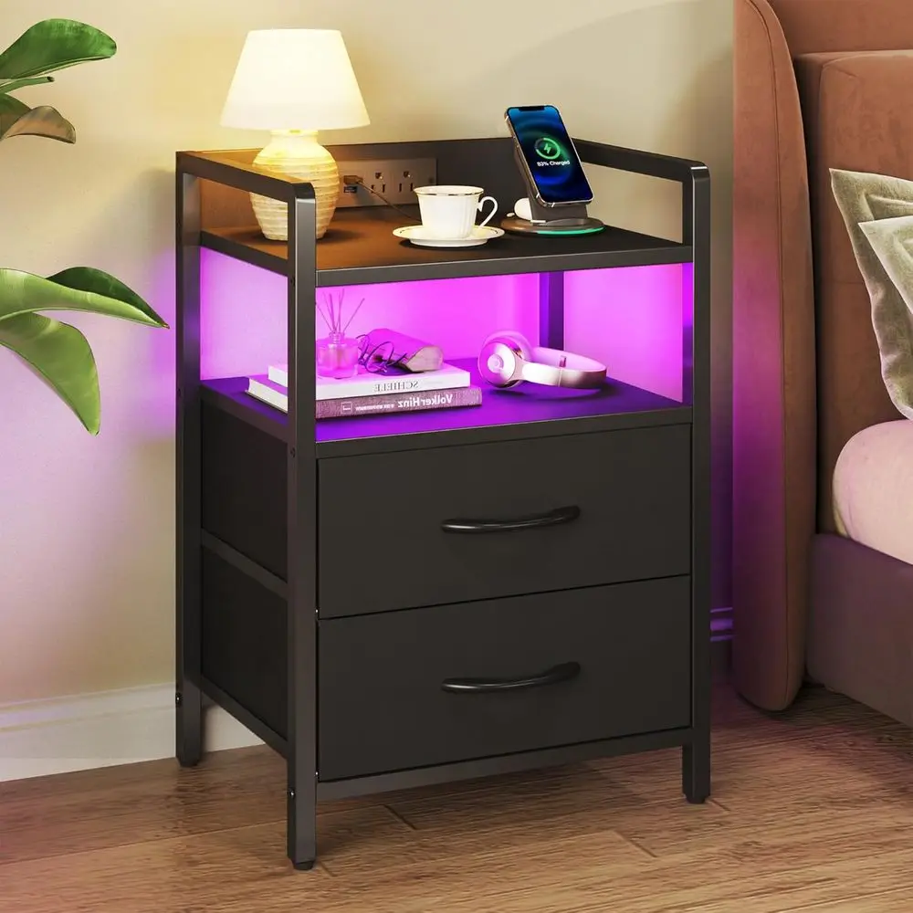 

Modern Charging LED Nightstand with Storage, 2 Shelves & Fabric Drawers, USB Ports & AC Outlets, Black