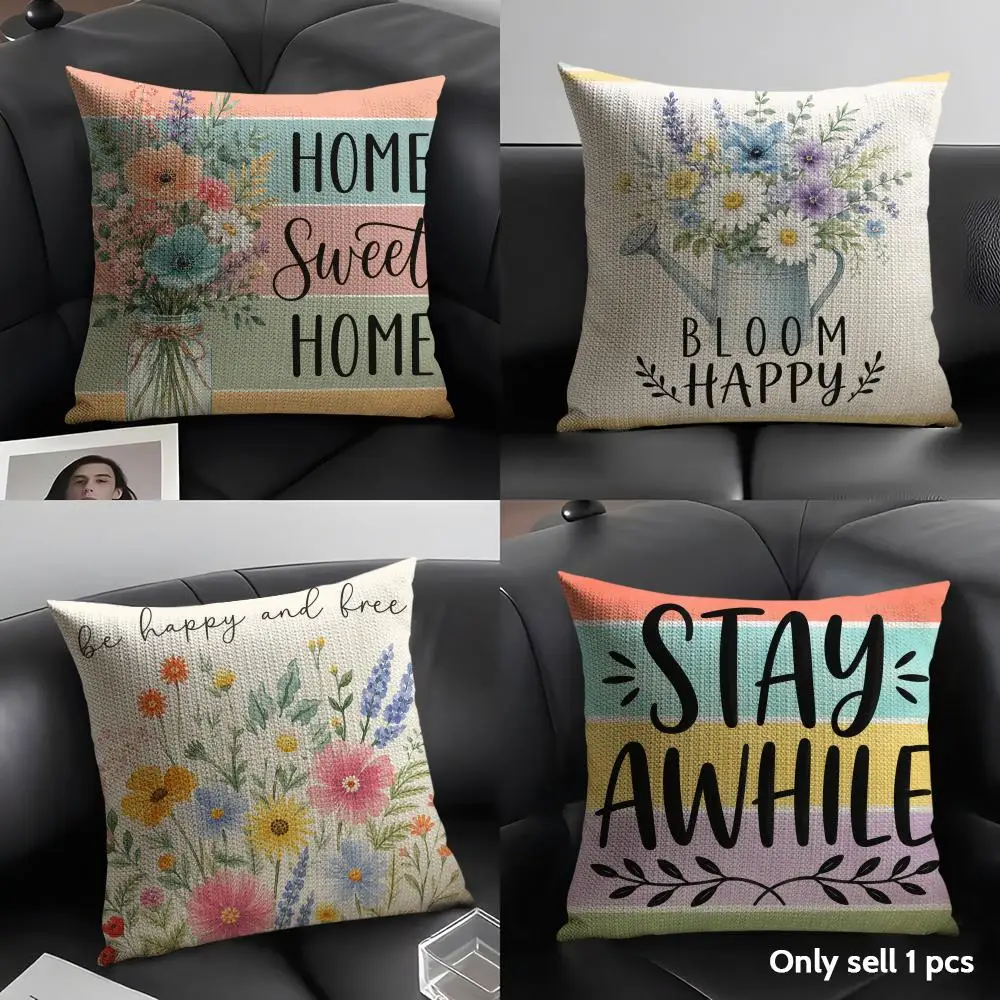 Cushion Cover Bouquet of Flowers Linen Organic Fabric Double-Sided Printing Sofa Breathable Home Decor Gift Pillow Case