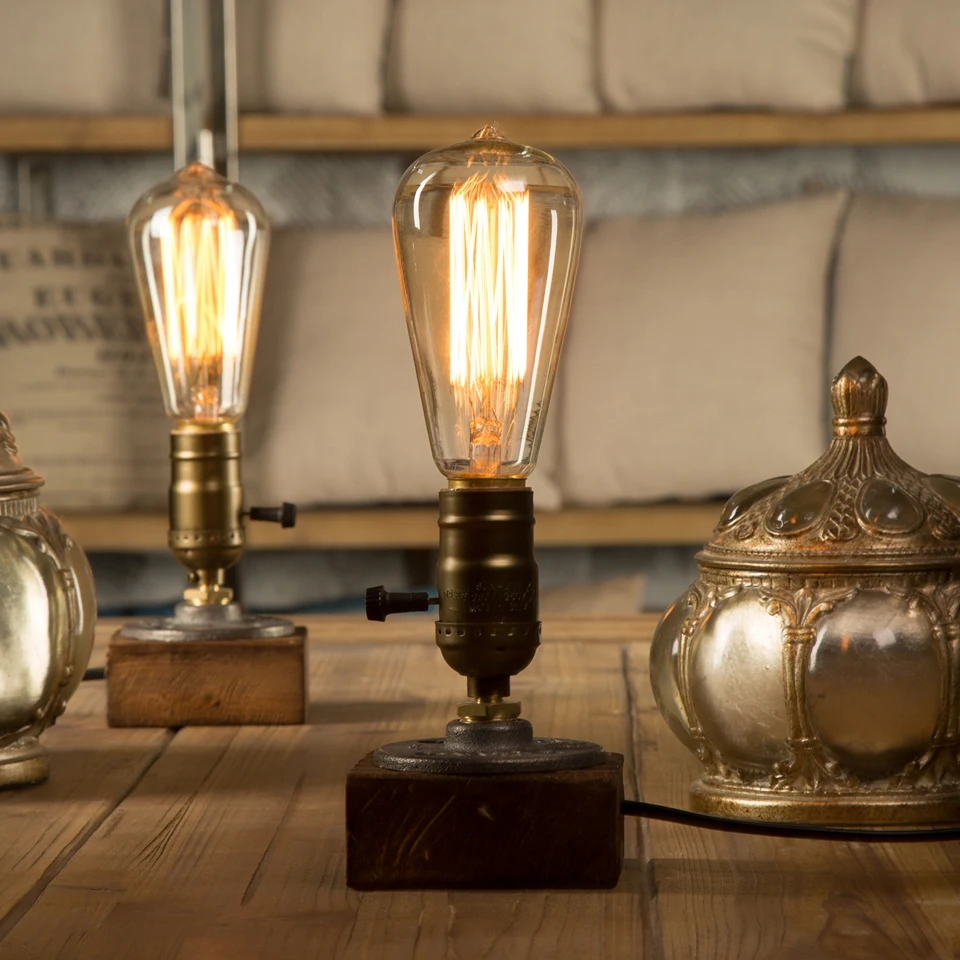 Industrial LED Table Lights With Dimmer Switch Wood Desk Lamp Retro Home Decor Creative Art Gift Night Light