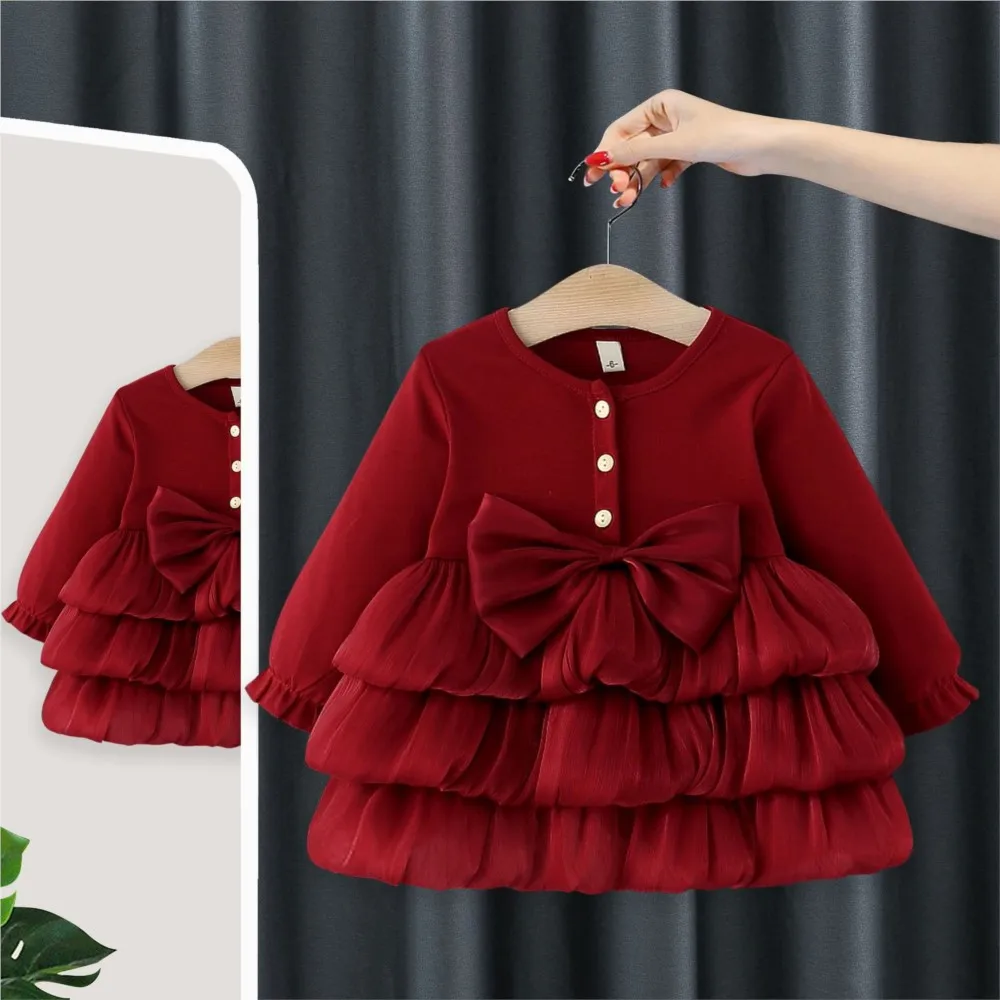 Fashion Kids Children Birthday Princess Clothes Vestidos 2026 Baby Girls Spring Autumn Cute Bow Layers Cake Long Sleeved Dresses