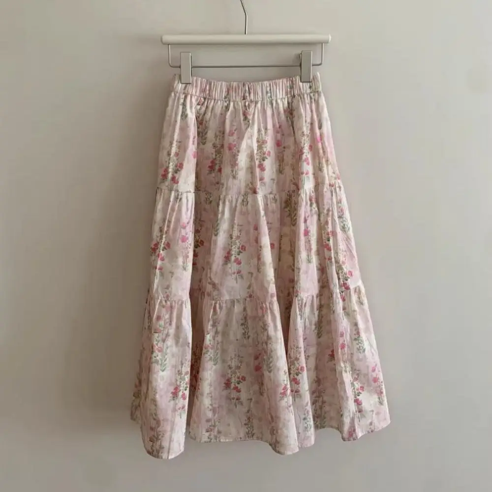 Gonna lunga floreale chic a vita alta Gonna lunga a vita alta sottile a fiori da donna Gonna a strati a trapezio stile Sweet Ins Girl