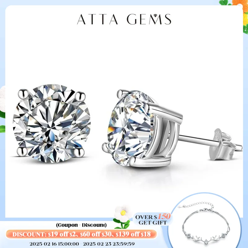 ATTAGEMS-2 캐럿 8.0mm D 컬러 모이사나이트 스터드 귀걸이, 최고 품질 100% 925 스털링 실버 스파클링 웨딩 주얼리