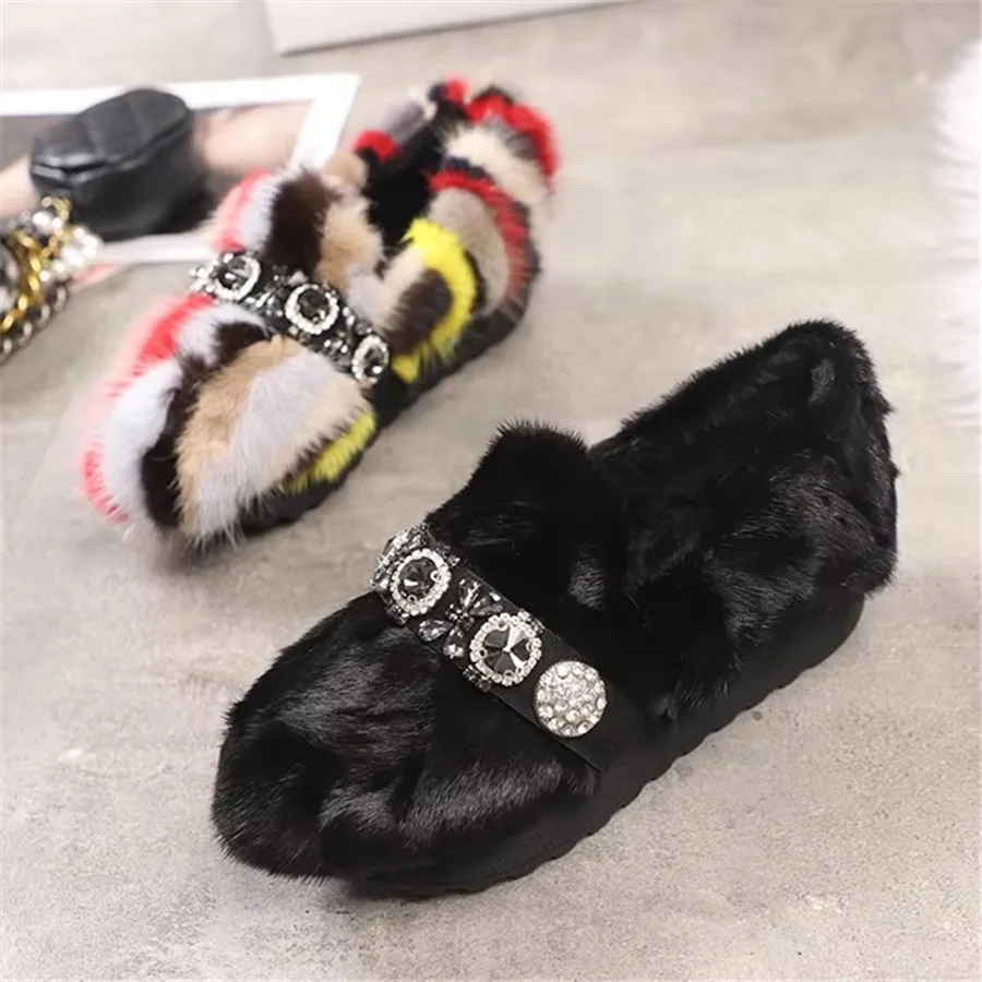 

2026 New Mink Fur Women Loafers Thick Sole Moccasins Crystal Winter Warm Snow Platform Shoes Woman Fur Espadrilles Creepers