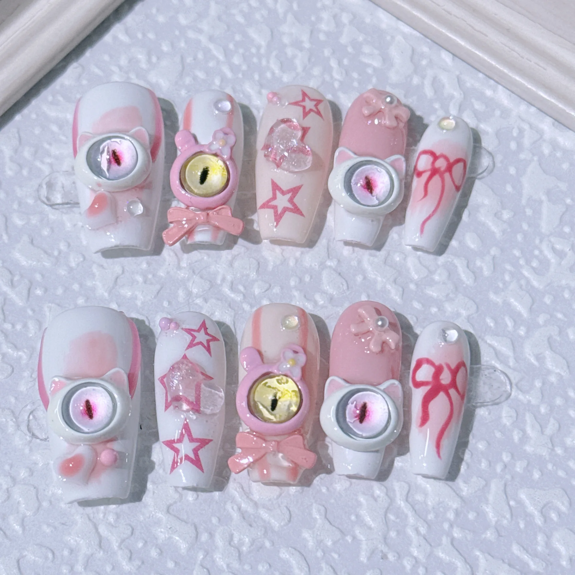 

10Pcs Cute Handmade Fake Nail Tips Small Monster False Nails with Bow Stars Pattern Press on Nails Wearable Nails Art With Glue