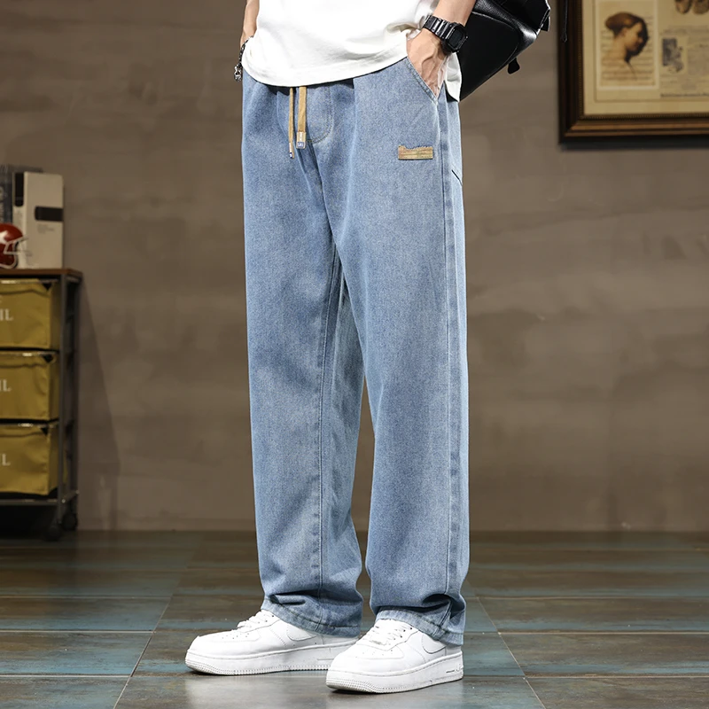 Men Straight Leg Blue Gray Loose Y2K Drawstring Jeans Streetwear Casual Wide Denim Pants Male Baggy Stylish Harajuku Trousers