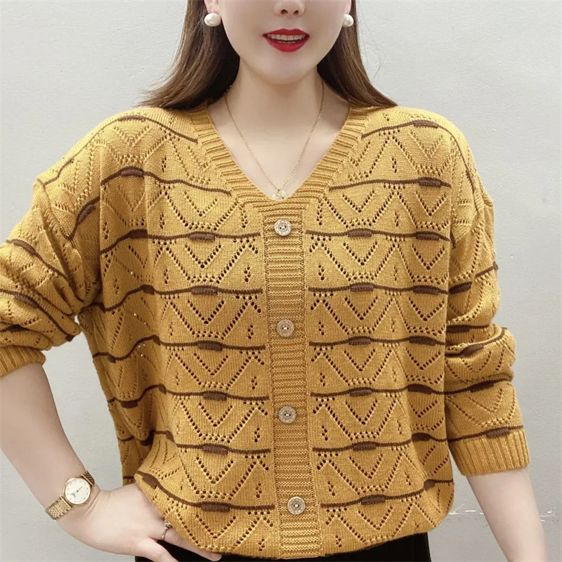 

Spring Summer Female New Fashion Striped V-neck Single-breasted Sweater Hollow Slim Temperament Joker Loose Age-reducing Sweater