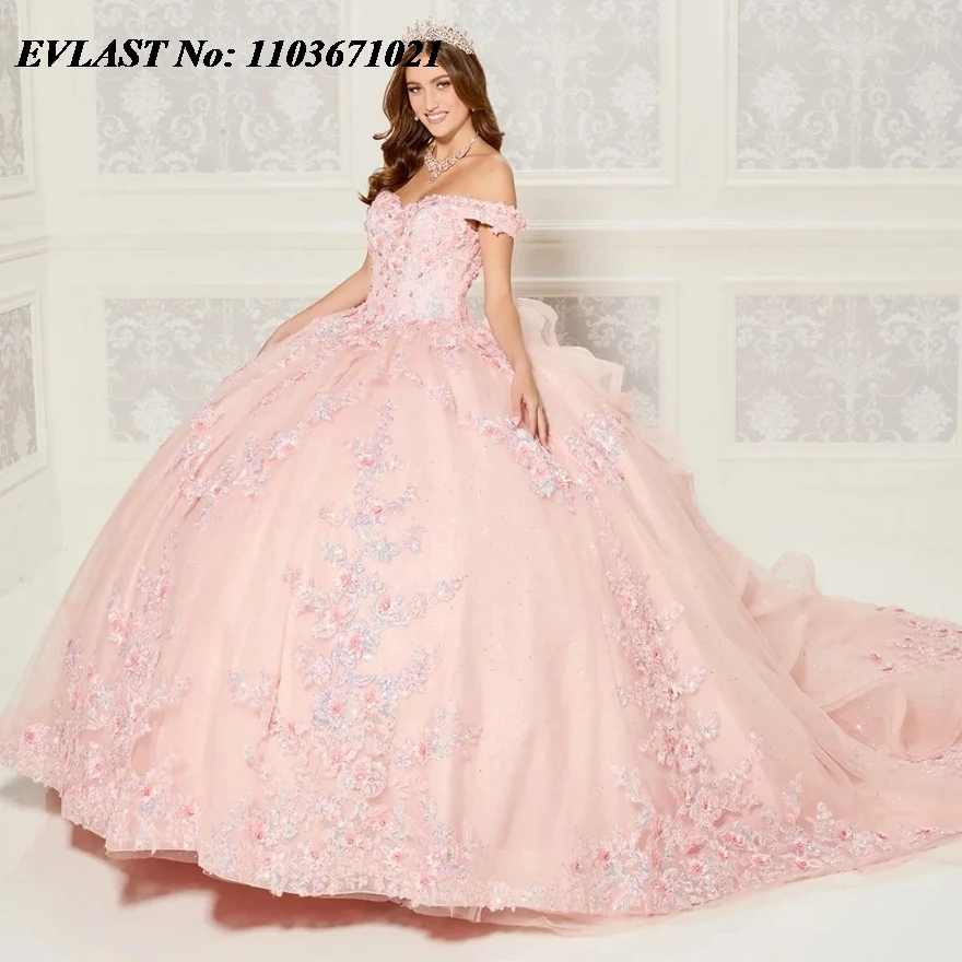 EVLAST-Robe de Princesse Quinceanera Lavande avec Cape, Appliques Florales 3D, Perles, Sweet 16, Robe de Bal Éducative, 15 Anos, SQP2