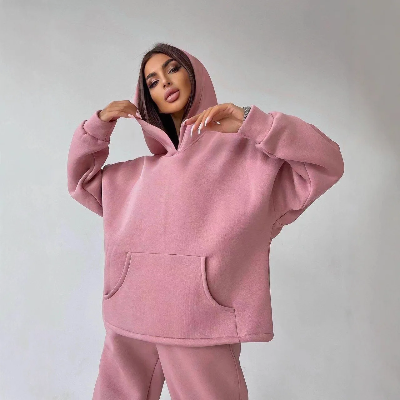 2025, neue Herbst Winter Mit Kapuze Tasche Lose Sweatshirt Set Frauen Multi Farbe Optionen Casual Sport Zwei Stück Outfit